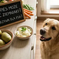 Złoty retriever patrzy na tabliczkę z napisem "Czy pies może jeść surowe ziemniaki?". Obok miska z puree ziemniaczanym i surowe ziemniaki.
