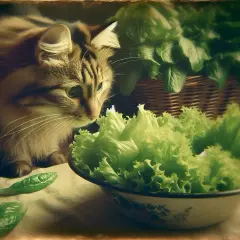 Puszysty kotek z zaciekawieniem węszy w misce pełnej sałaty, zastanawiając się, czy koty mogą jeść sałatę.