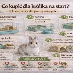 Lista rzeczy, co potrzebuje królik do klatki: klatka, kuweta, siano, miski, domek, karma i warzywa.