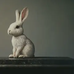 Biały królik siedzi na marmurowym postumencie, zastanawiając się, dlaczego królik tupie w nocy.