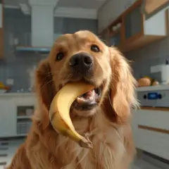 Złoty retriever z bananem w pysku. Czy pies może jeść suszone banany? Ten słodki łasuch zdaje się mieć własne zdanie na ten temat.