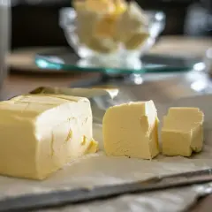 Masło pokrojone na kawałki na papierze. Czy pies może jeść masło? To pytanie nurtuje wielu właścicieli czworonogów.