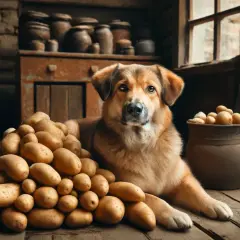 Pies leży obok góry ziemniaków w wiejskiej piwnicy. Czy psy mogą ziemniaki? Ten pies wygląda, jakby wiedział!