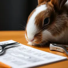 Królik obok nożyczek i obcinaczki do pazurów na papierze.
