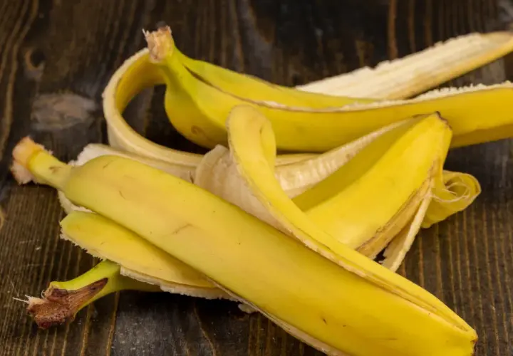 Skórki bananów na drewnianym blacie. Czy to wyjaśnia, dlaczego koty boją się bananów?