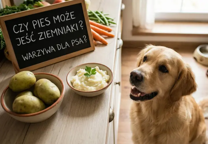 Złoty retriever patrzy na tabliczkę z napisem "Czy pies może jeść surowe ziemniaki?". Obok miska z puree ziemniaczanym i surowe ziemniaki.