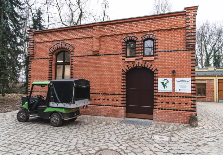 Zielony wózek golfowy przed ceglanym budynkiem gabinetu weterynaryjnego w zoo.