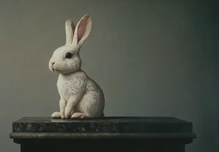 Biały królik siedzi na marmurowym postumencie, zastanawiając się, dlaczego królik tupie w nocy.