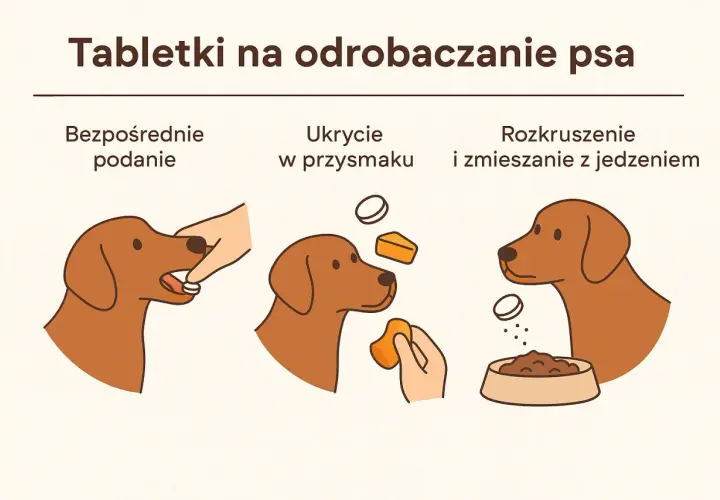 Ilustracja pokazuje trzy sposoby podania psu tabletek na odrobaczenie: bezpośrednio, ukryte w przysmaku lub rozkruszone w jedzeniu.