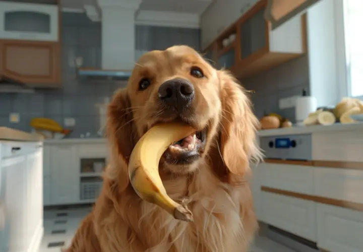 Złoty retriever z bananem w pysku. Czy pies może jeść suszone banany? Ten słodki łasuch zdaje się mieć własne zdanie na ten temat.