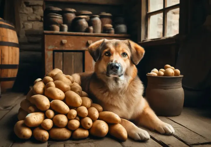 Pies leży obok góry ziemniaków w wiejskiej piwnicy. Czy psy mogą ziemniaki? Ten pies wygląda, jakby wiedział!