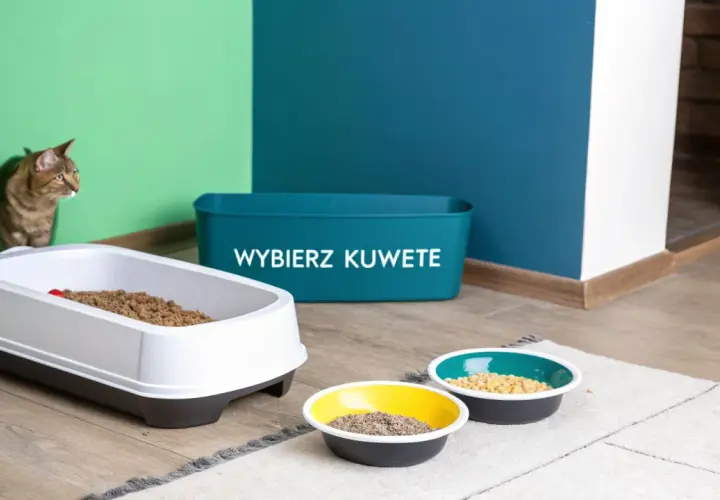 Kot przygląda się kuwecie z żwirkiem. Obok stoją miseczki z karmą. Pamiętaj, jak dbać o kuwetę kota, by był czysty i zdrowy.