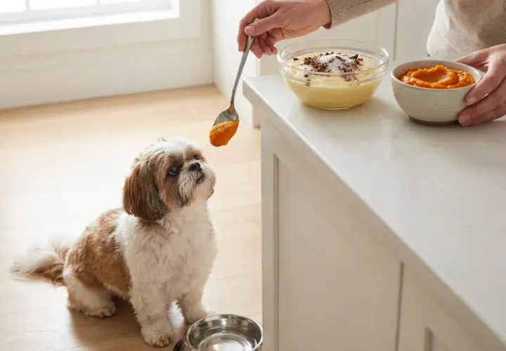Mały piesek Shih Tzu z zaciekawieniem patrzy na łyżkę z dynią. Czy psy tolerują laktozę? Ta karma wygląda na bezpieczną.