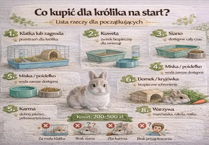 Klatka, kuweta, siano, miski, karma, domek, warzywa – to wszystko, co królik powinien mieć w klatce, by czuć się bezpiecznie i komfortowo.
