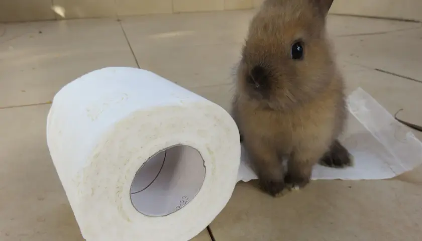 Mały króliczek siedzi obok rolki papieru toaletowego. Czy królik załatwia się do kuwety?