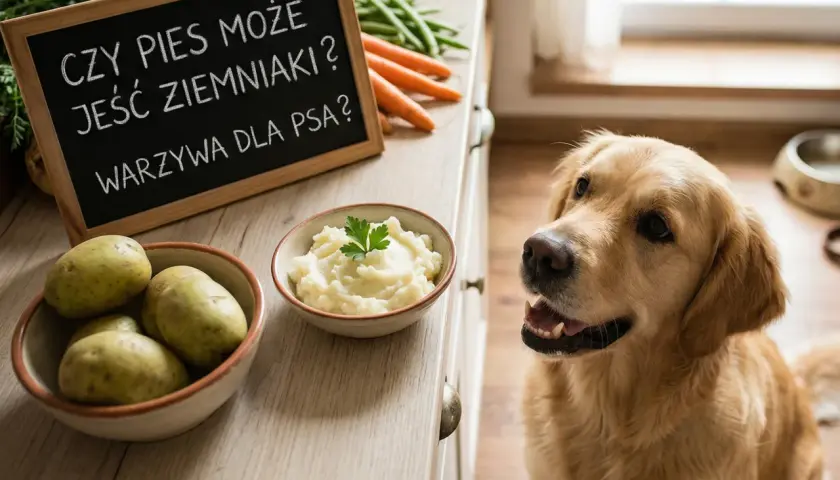 Złoty retriever patrzy na tabliczkę z napisem "Czy pies może jeść surowe ziemniaki?". Obok miska z puree ziemniaczanym i surowe ziemniaki.