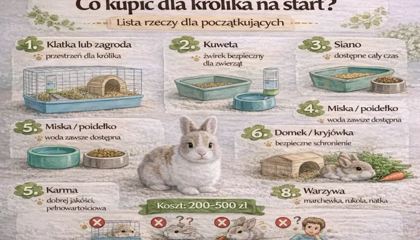 Lista rzeczy, co potrzebuje królik do klatki: klatka, kuweta, siano, miski, domek, karma i warzywa.