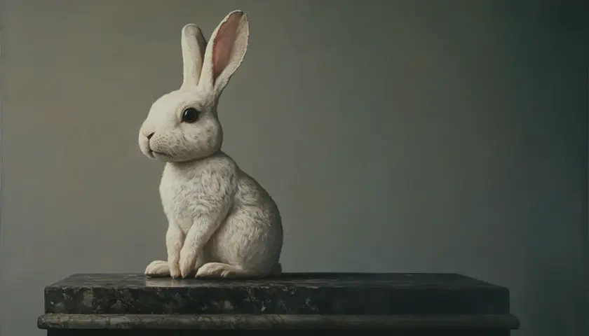 Biały królik siedzi na marmurowym postumencie, zastanawiając się, dlaczego królik tupie w nocy.
