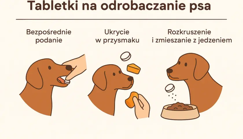 Ilustracja pokazuje trzy sposoby podania psu tabletek na odrobaczenie: bezpośrednio, ukryte w przysmaku lub rozkruszone w jedzeniu.
