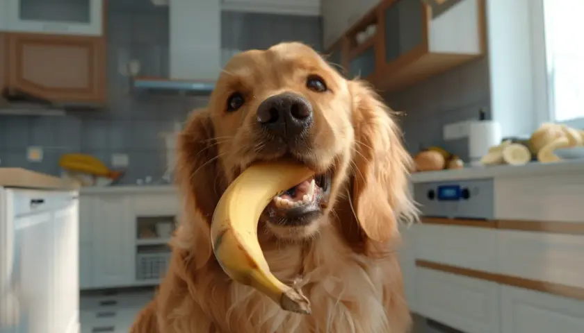 Złoty retriever z bananem w pysku. Czy pies może jeść suszone banany? Ten słodki łasuch zdaje się mieć własne zdanie na ten temat.