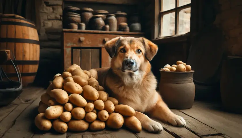 Pies leży obok góry ziemniaków w wiejskiej piwnicy. Czy psy mogą ziemniaki? Ten pies wygląda, jakby wiedział!