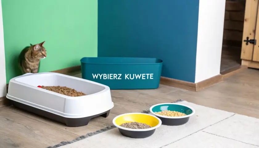 Kot przygląda się kuwecie z żwirkiem. Obok stoją miseczki z karmą. Pamiętaj, jak dbać o kuwetę kota, by był czysty i zdrowy.