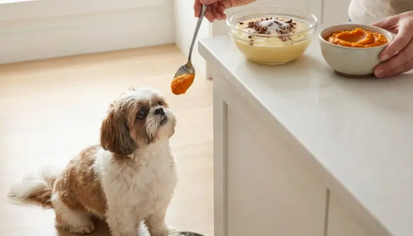 Mały piesek Shih Tzu z zaciekawieniem patrzy na łyżkę z dynią. Czy psy tolerują laktozę? Ta karma wygląda na bezpieczną.