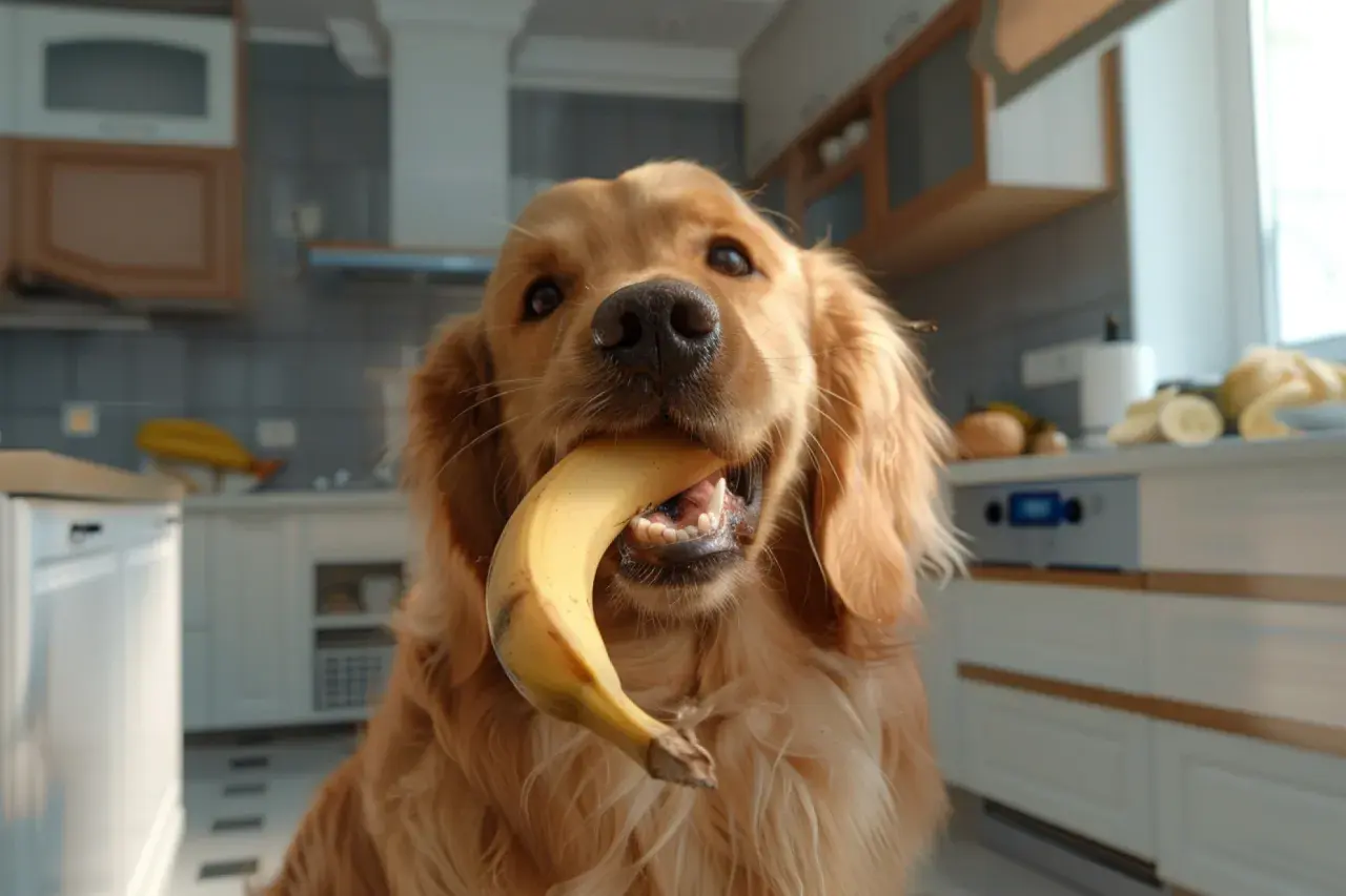 Złoty retriever z bananem w pysku. Czy pies może jeść suszone banany? Ten słodki łasuch zdaje się mieć własne zdanie na ten temat.