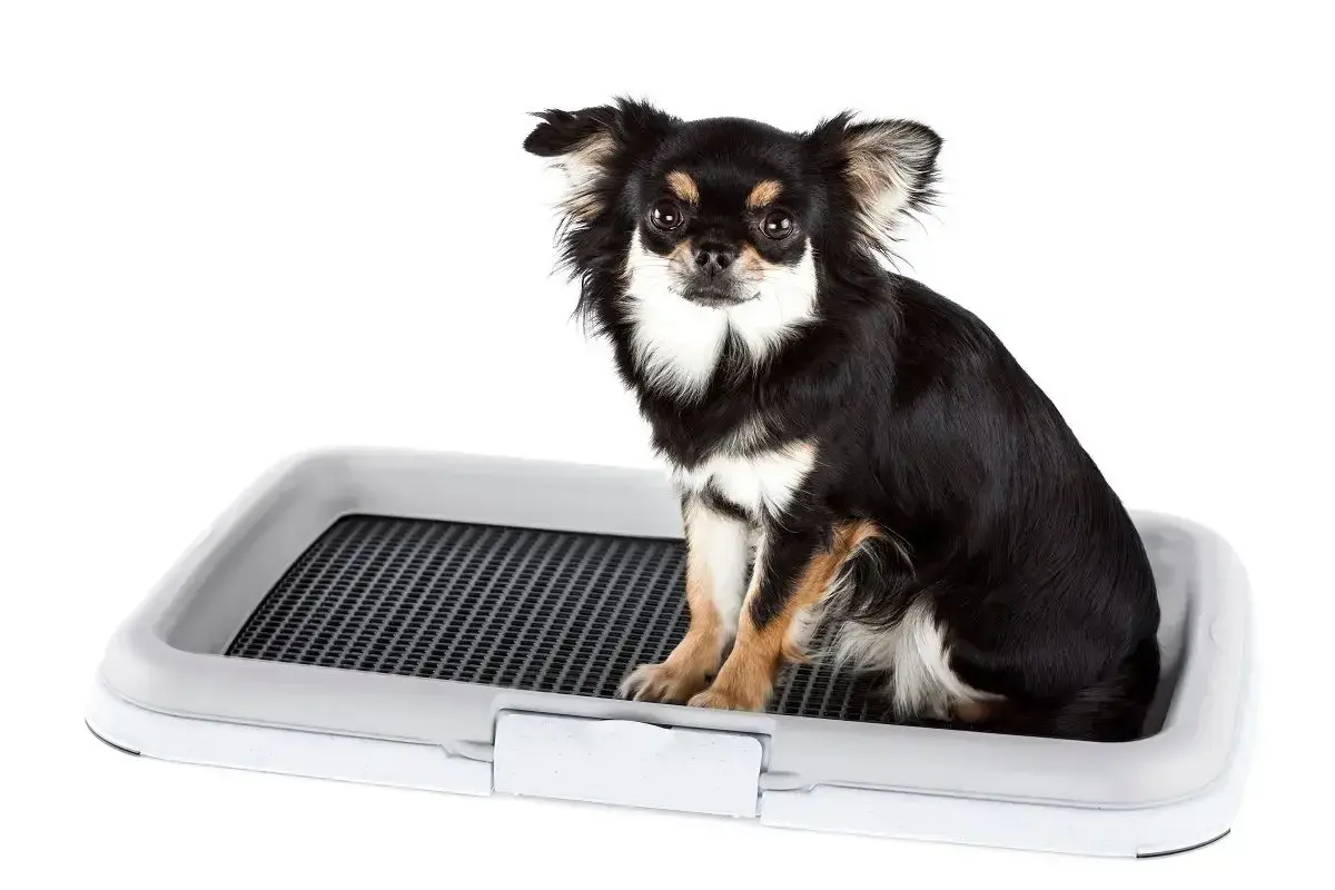 Czarny pies rasy chihuahua siedzi na kuwecie dla psa.