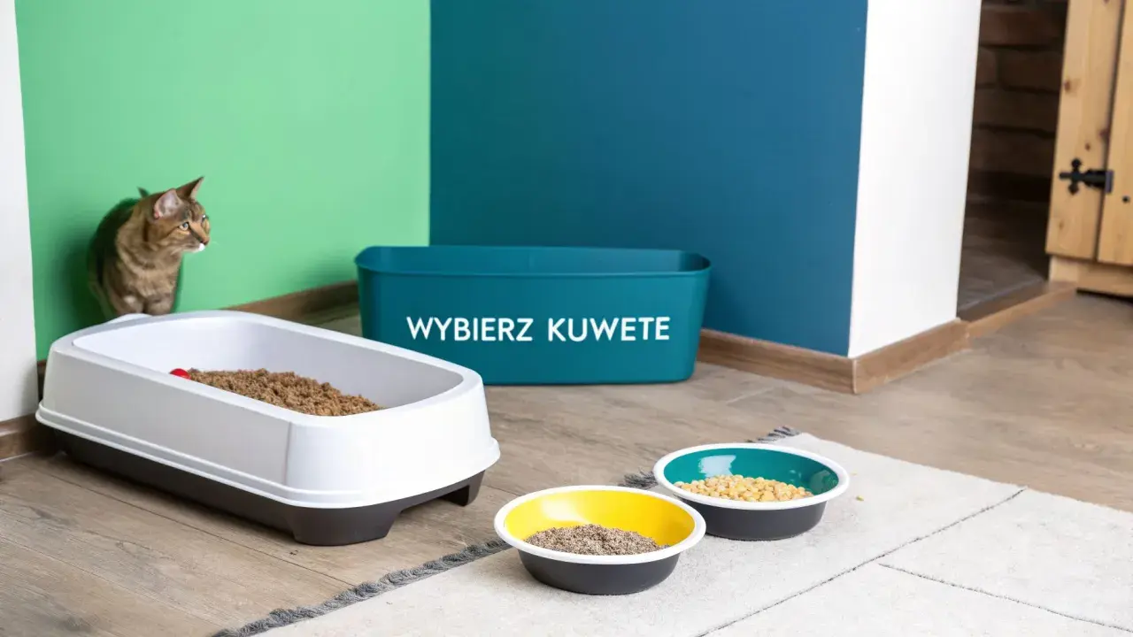 Kot przygląda się kuwecie z żwirkiem. Obok stoją miseczki z karmą. Pamiętaj, jak dbać o kuwetę kota, by był czysty i zdrowy.