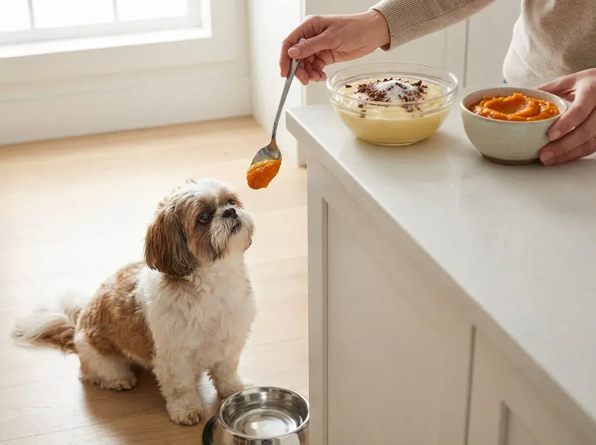 Mały piesek Shih Tzu z zaciekawieniem patrzy na łyżkę z dynią. Czy psy tolerują laktozę? Ta karma wygląda na bezpieczną.