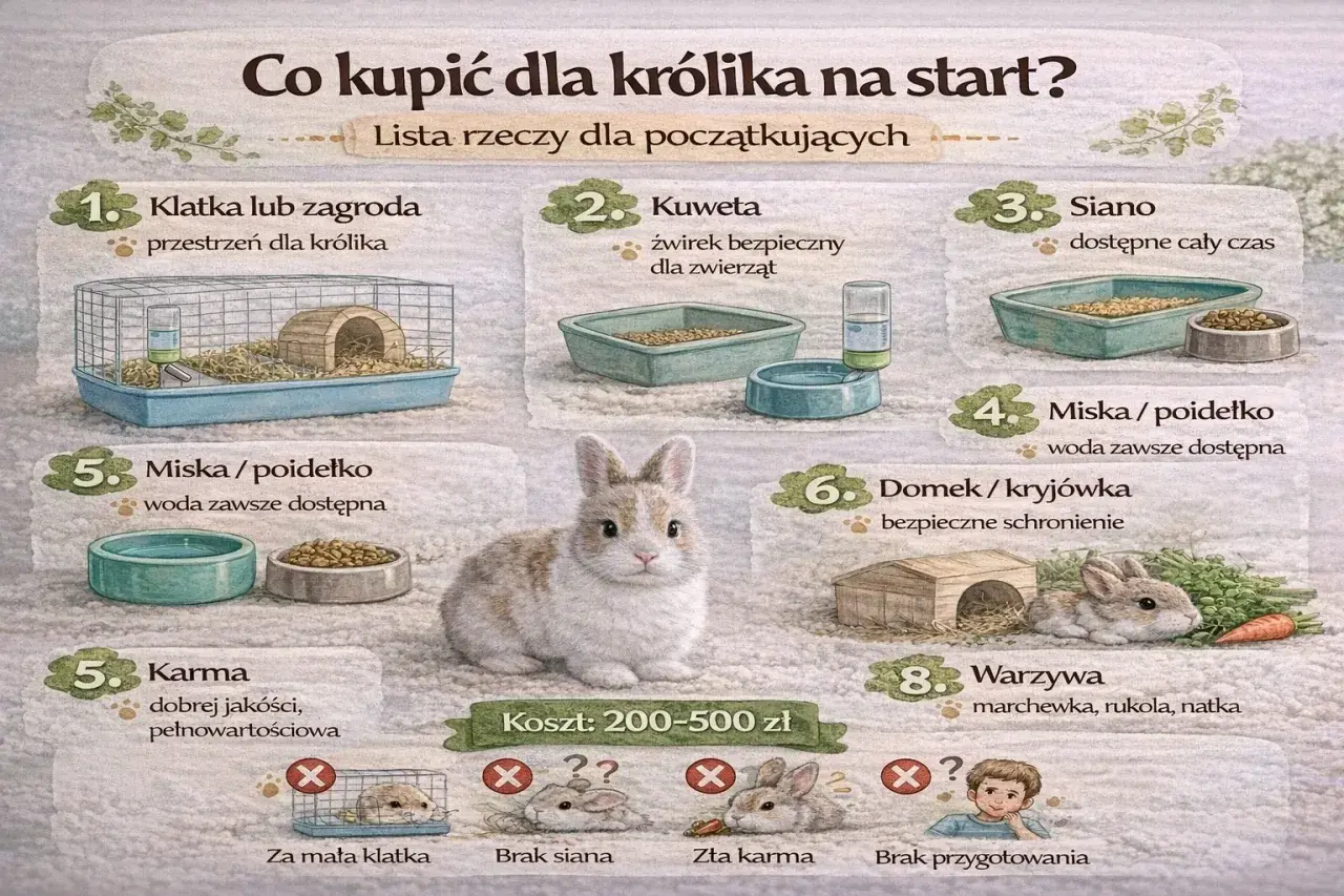 Klatka, kuweta, siano, miski, karma, domek, warzywa – to wszystko, co królik powinien mieć w klatce, by czuć się bezpiecznie i komfortowo.