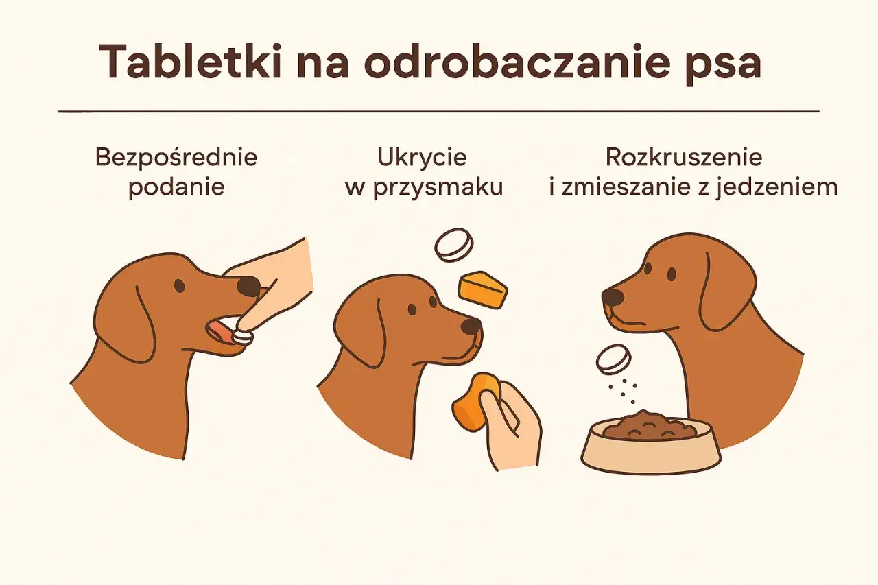 Jak działa tabletka na odrobaczenie psa: bezpośrednie podanie, ukrycie w przysmaku lub rozkruszenie i zmieszanie z jedzeniem.