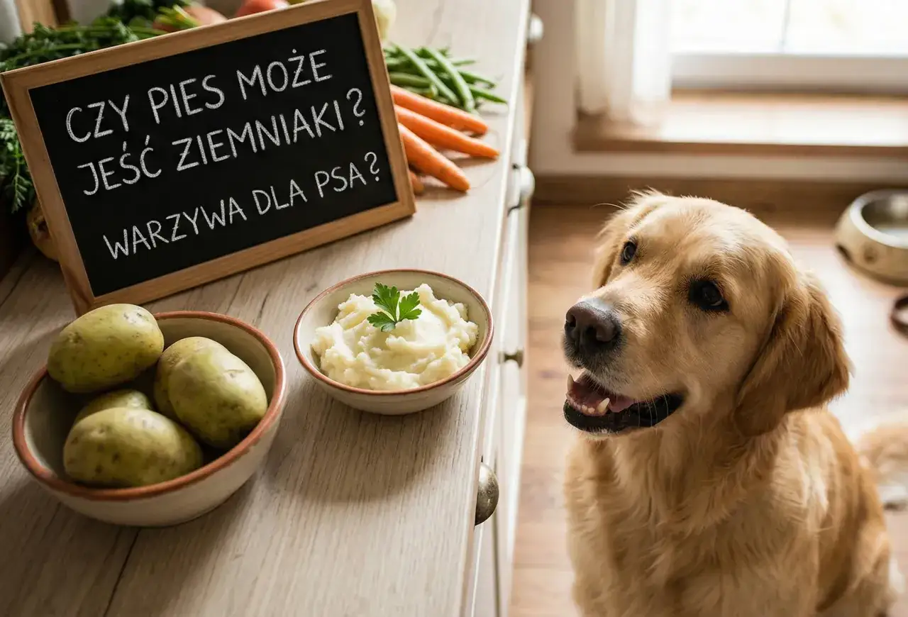 Złoty retriever z zaciekawieniem patrzy na tabliczkę z pytaniem