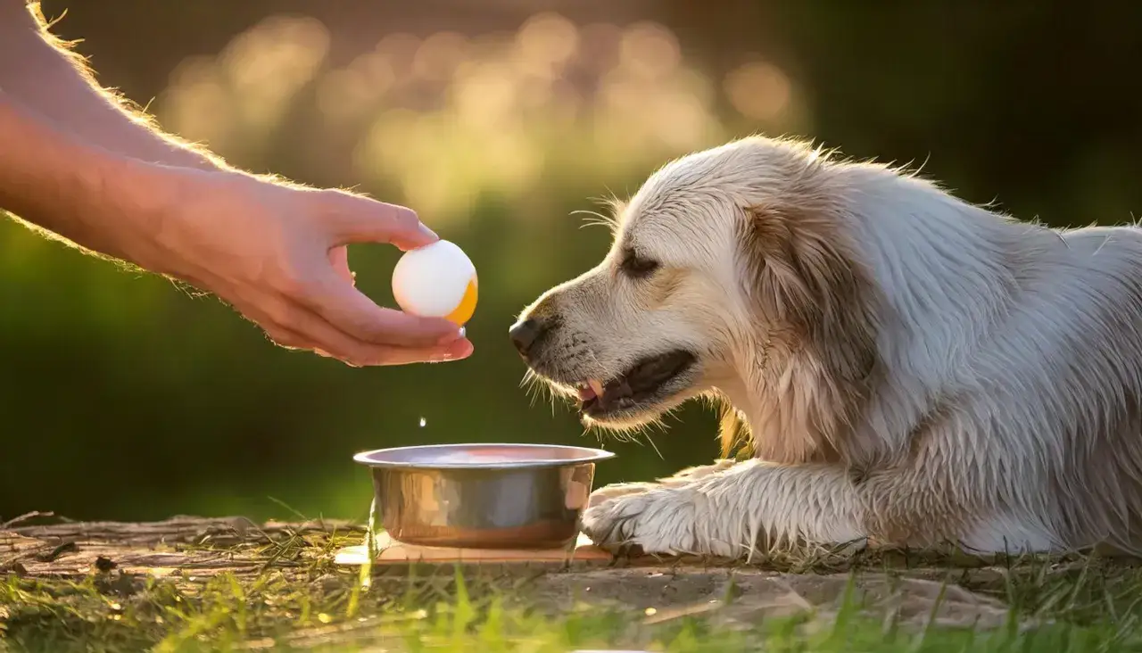Złoty retriever z zaciekawieniem patrzy na ludzką dłoń trzymającą jajko. Czy jajko jest zdrowe dla psa?