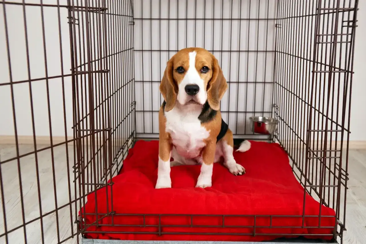 Beagle w klatce kennelowej na czerwonym posłaniu. Dowiedz się, jak dobrać klatkę kennelową dla psa, by zapewnić mu komfort i bezpieczeństwo.