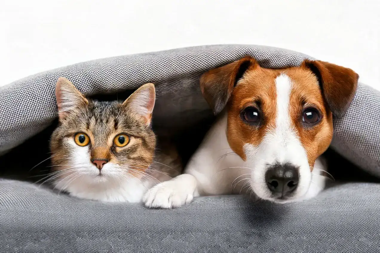 Kot i piesek rasy Jack Russell Terrier przytulają się pod kocem. Ciekawe, co to za rasa psa?